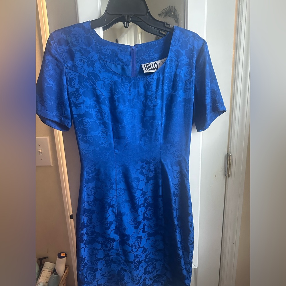 Vintage 1980 Blue 100% SILK Floral Mini Dress